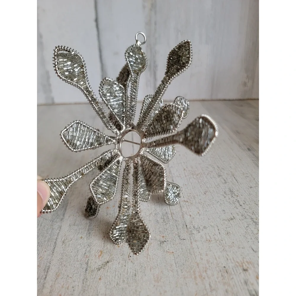 Vintage large beaded silver snowflake ornament Xmas unique 3D home decor